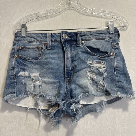 American Eagle Shorts Size 6 Hi Rise Festival Stretch Blue Denim Distressed - Picture 1 of 14